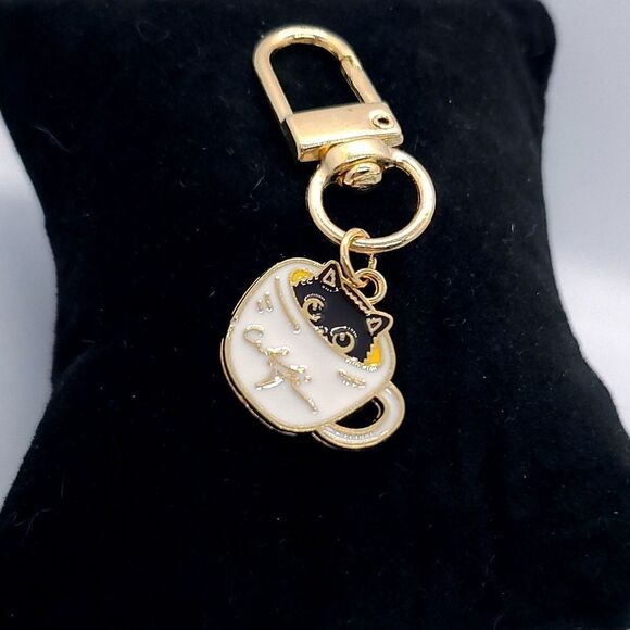 Black Cat Peeking Coffee Cup Bag Charm Keychain Keyring Cafe Cute Key Chain - Picture 1 of 4